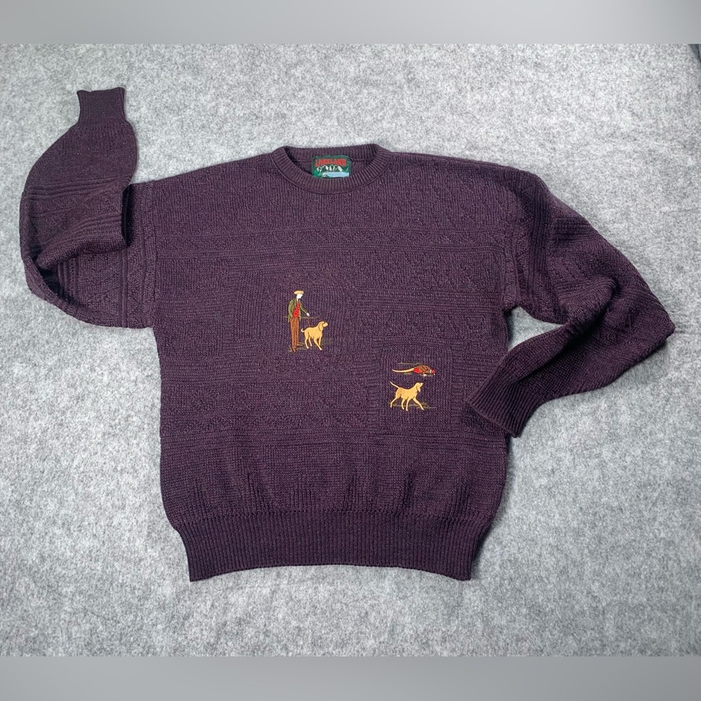 Vintage Lakeland Sweater features intricate embroidery of a man and dogs